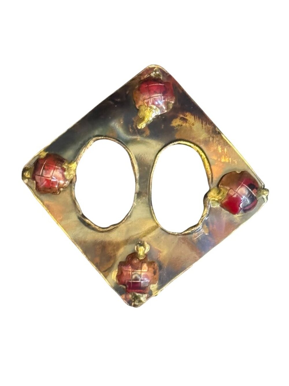 AFRICAN EXPRESS Handcrafted Brass & Red Enamel Square Buckle With Tortoise Motif